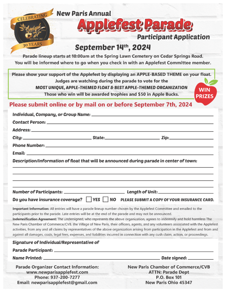 PARADE REGISTRATION New Paris AppleFest