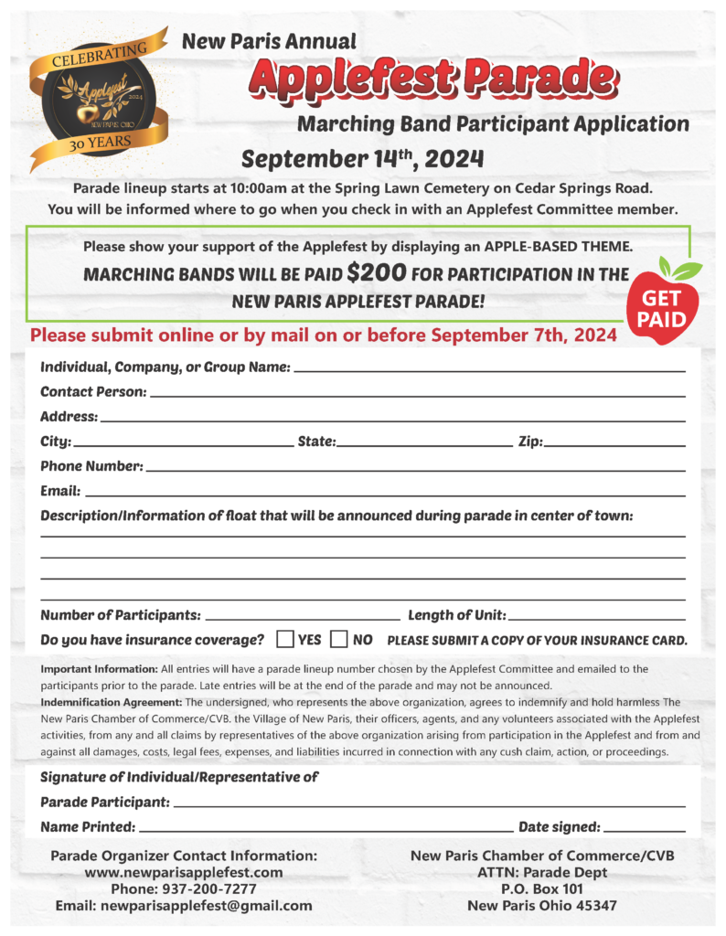 PARADE REGISTRATION BAND New Paris AppleFest